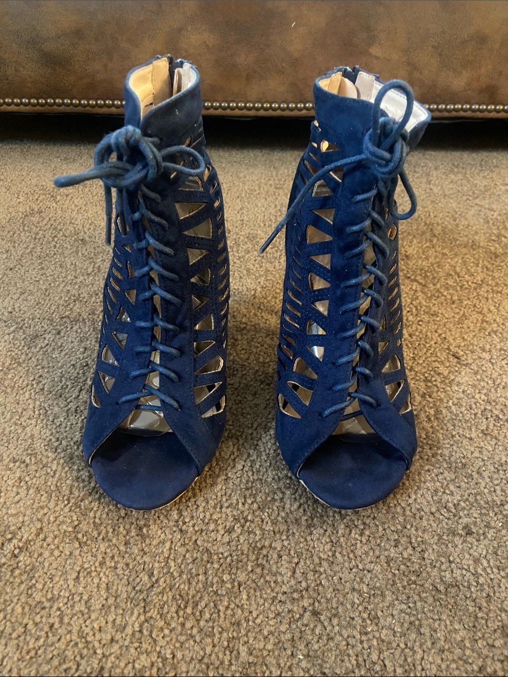 Lace-Up Cutout Peep-Toe Heels in Navy Suede